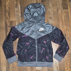 Nike Windbreaker Jacket Womens Small Gray Pink Grid Loose Fit Hooded Windrunner